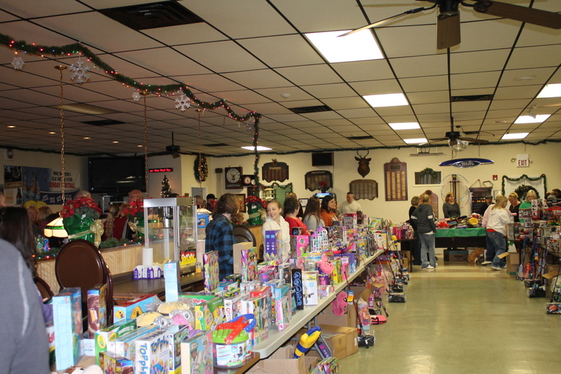 Toys line both sides of the lodge dining area; girls on one side boys on the other – this is the girl’s side