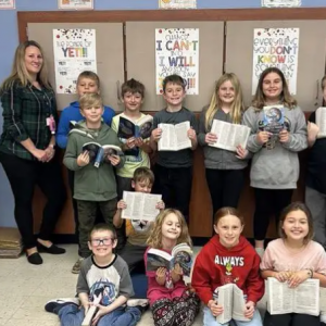 Pictured are Monongahela Rotarians Tom Graney, far left, and Deb Mangino, far right, and Kelli Schmeltz with her third-grade class at Ringgold Elementary North (Photo courtesy of the Rotary Club of Monongahela)